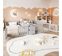 Cama nido MODFU de 90 x 200 cm con dos camas, cama infantil con barandillas laterales elevadas, estructura de cama con estante abierto en el centro y dos cajones, color gris (sin colchón)