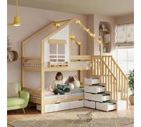 Cama nido MODFU de 90 x 200 cm para niños, con escalera de seguridad, ventana, y dos cajones con ruedas. Color: blanco y color natural. No incluye colchón