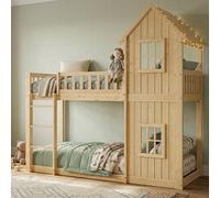 Cama nido MODFU de 90 x 200 cm para niños, con escalera de tres escalones, diseño de casa con dos ventanas, cama juvenil con barandilla completa, sin colchón, color natural