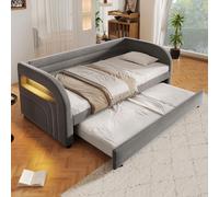 Cama nido MODFU de 90x200 con cama extraíble, cama tipo sofá con iluminación LED y somier, cama infantil con cabecero y laterales, sin colchón, color gris