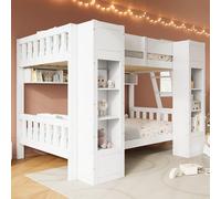 Cama nido MODFU de 90x200 para niños, con dos armarios frontales, estantería, barandilla de seguridad y escalera que se puede montar a la izquierda o a la derecha, sin colchón, color blanco