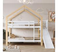 Cama nido o litera tipo casa para niños, 90*200 cm, con tobogán y barandilla de seguridad, color blanco y natural. Sin colchón