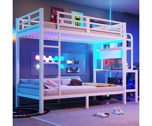 Cama nido o literas okwish de 90x200 con colchón y escritorio, cama juvenil con USB y LED, cama multifuncional con estantes abiertos, color blanco