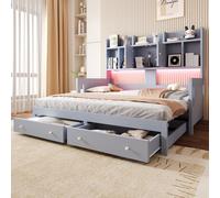 Cama nido okwish de 90x190 con cama extraíble y enchufes, cama juvenil con LED y cajones, cama infantil con estantes abiertos, color gris, sin colchón