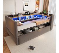 Cama nido okwish de 90x190 con luces LED de cambio de color, cama infantil con enchufes y cajón, tapizada en gris oscuro, sin colchón