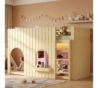 Cama nido okwish de 90x200 con luces LED multicolores, cama infantil con ventanas arqueadas y estante, cama individual en color natural, sin colchón