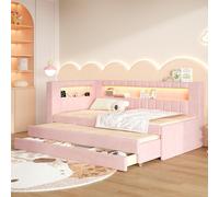 Cama nido okwish de 90x200 con tira de LED, cama tapizada con 3 cajones y cama abatible, cama individual con USB, color rosa, sin colchón
