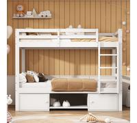 Cama nido para niños de 90x200 cm, con estante para zapatos y armario de almacenamiento. La cama se puede dividir en dos camas individuales. Incluye dos colchones. Color: blanco