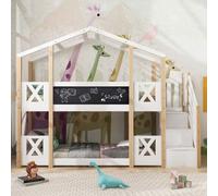 Cama nido para niños okwish, 90 x 200 cm, con escalera y cajones, cama alta tipo casa de árbol con protección anticaídas, estructura de madera maciza, sin colchón - Blanco