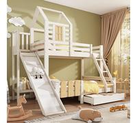 Cama nido STILVORA de 90/140x200 cm con tobogán para niños, estructura de cama infantil con cajón y escalera, cama de madera con somier en forma de casa, con colchón, color blanco