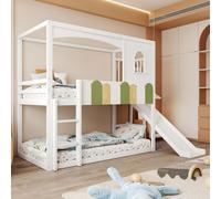 Cama nido STILVORA de 90x200 cm, cama infantil con tobogán y escalera de seguridad, estructura en forma de casa con ventanas, diseño de barandilla multicolor y asimétrico, color blanco