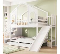 Cama nido STILVORA de 90x200 cm, con cajones y dos colchones. Cama infantil con forma de casa, ventanas arqueadas, escalera de almacenamiento y tobogán. Estructura de cama con cajones, color blanco