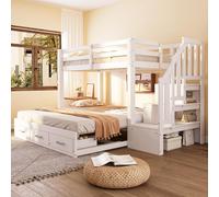 Cama nido STILVORA de 90x200 cm con cama inferior extraíble de 90/180x190 cm y escalera con cajones, cama juvenil con somier y función extraíble, cama de madera en blanco