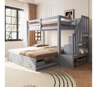 Cama nido STILVORA de 90x200 cm con cama inferior extraíble de 90/180x190 cm y escalera con espacio de almacenamiento y cajones. Cama juvenil con somier y función extensible. Cama de madera en color g