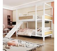 Cama nido STILVORA de 90x200 cm con colchón, cama infantil con estructura en forma de casa, barandillas en forma de galleta, tobogán y escalera de seguridad extra ancha, color madera