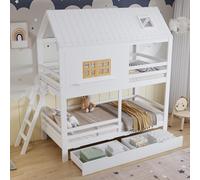 Cama nido STILVORA de 90x200 cm con ventana y techo de diseño rústico, cama infantil con dos grandes cajones, estructura de madera con somier resistente y escalera, fabricada en pino, MDF y contrachap