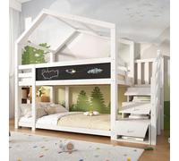 Cama nido STILVORA de 90x200 con diseño de pizarra y casa del árbol, cama infantil con chimenea, escalera con espacio de almacenamiento y barandillas de seguridad, cama de madera con somier, color bla