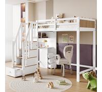 Cama nido Sweiko, cama infantil, con barandilla de protección de color contrastante, escritorio con 3 cajones, estantería tipo escalera de 4 escalones, estante abierto, madera de pino y MDF, color bla