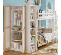 Cama nido Sweiko, cama infantil con barandilla de protección y rejilla, con escalera de 4 escalones, 6 estantes abiertos, armario lateral, amplio espacio de almacenamiento, pino macizo y tablero de pa