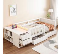 Cama para bebé MODFU de 90x200 cm con barandilla de seguridad semiabierta, cama juvenil con escritorio y espacio de almacenamiento, cama tipo sofá con LED, enchufe y cajones, sin colchón, color blanco