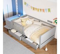 Cama para bebé MODFU de 90x200 cm con barandilla de seguridad semiabierta, cama juvenil con escritorio y espacio de almacenamiento, cama tipo sofá con LED, enchufe y cajones, sin colchón, color gris