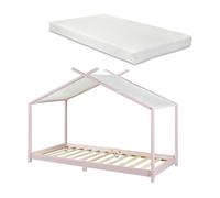 Cama para niños brome forma casita con colchón y techo pino 90x200cm - rosa y blanco [en.casa]