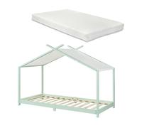 Cama para niños brome forma casita con colchón y techo pino 90x200cm - verde y blanco [en.casa]