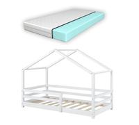 Cama para niños knätten - casita - con colchón ortopédico, reja y somier - pino 70 x 140 cm - blanco mate [en.casa]