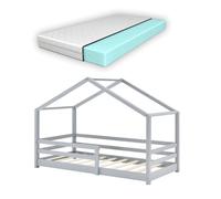 Cama para niños knätten - casita - con colchón ortopédico, reja y somier - pino 70 x 140 cm - gris claro [en.casa]