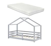 Cama para niños knätten - casita - con colchón, reja y somier - pino 90 x 200 cm - gris claro mate [en.casa]