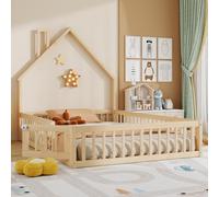 Cama para niños okwish de 140x190, tipo casa, cama juvenil con barandilla de seguridad, cama doble de madera con diseño de chimenea, estructura de cama con somier, color natural (sin colchón)