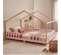 Cama para niños treviolo forma de casa pino 120x200 cm rosa / natural [en.casa]