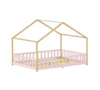 [en.casa] Cama Infantil Treviolo Forma de casita Pino 120x200 cm Rosa | natural cama Montessori de madera bordes redondeados con barandillas somier 200 kg