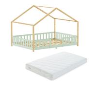 [en.casa] Cama Infantil Treviolo con colchón 120x200cm Verde Menta Natural | Cama Montessori de madera pino forma de casita bordes redondeados con barandillas somier 200 kg
