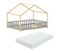 Cama para niños treviolo forma de casa pino + colchón 140x200 cm - gris claro / natural [en.casa]