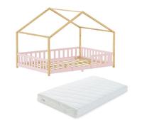Cama para niños treviolo forma de casa pino + colchón 140x200 cm - rosa / natural [en.casa]