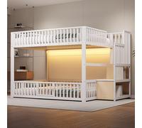 Cama plataforma de 140x200 con iluminación LED y escaleras con espacio de almacenamiento, cama para jóvenes con barandilla de seguridad, cama doble de color blanco, sin colchón