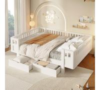 Cama plataforma STILVORA de 140x200 cm con barandilla alta, cama infantil con 2 cajones grandes, cama funcional con espacio de almacenamiento, color blanco