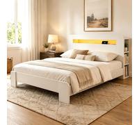 Cama plataforma STILVORA de 140x200 cm con espacio de almacenamiento en el cabecero y iluminación LED, estructura de cama con enchufes integrados, cama de madera blanca