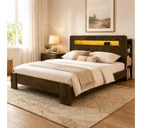 Cama plataforma STILVORA de 140x200 cm con espacio de almacenamiento en el cabecero y iluminación LED, estructura de cama con enchufes integrados, cama de madera con aspecto vintage