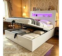 Cama plataforma STILVORA de 140x200 cm con espacio de almacenamiento hidráulico y cabecero con luces LED, estructura de cama con enchufes integrados y compartimentos de almacenamiento, cama de madera 