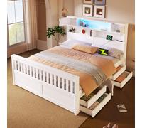 Cama plataforma STILVORA de 160x200 cm con espacio de almacenamiento, estanterías y 4 cajones, con iluminación LED y puerto USB, cama doble con superficies de almacenamiento