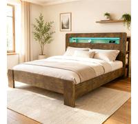 Cama plataforma STILVORA de 180x200 cm con espacio de almacenamiento en el cabecero y iluminación LED, estructura de cama con enchufes integrados, cama de madera con aspecto vintage
