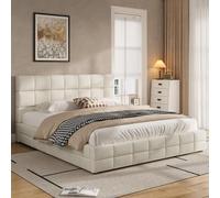Cama plataforma STILVORA de 180x200 cm con tapizado de tela y costuras decorativas, estructura de cama con cabecero acolchado de espuma, cama juvenil de color beige resistente