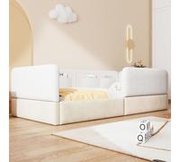Cama plataforma STILVORA de 90x200 cm, acolchada, con barandilla de protección y 4 bolsillos de almacenamiento. Cama tapizada con estructura de madera resistente y base de poliuretano. Cama infantil c