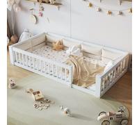 Cama plataforma STILVORA de 90x200 cm con barandillas laterales y cojines acolchados. Estructura de madera maciza de pino y MDF para una alta estabilidad y durabilidad. Cama infantil ideal para dormit