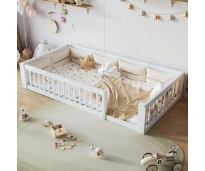 Cama plataforma STILVORA de 90x200 cm con barandillas laterales y cojines acolchados. Estructura de madera maciza de pino y MDF para una alta estabilidad y durabilidad. Cama infantil ideal para dormit