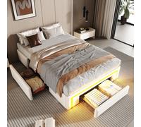 Cama plataforma Stilvora de 90x200 cm con cajones, tapizada en cuero sintético y con barra de luces LED. Cama moderna para dormitorio sin cabecero, con estructura de metal y espacio de almacenamiento.