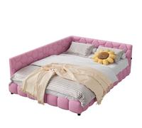Cama sofá tapizada 140x200 cm rosa con luz LED inferior, 2 puertos USB, tejido borreguito, somier de lamas y respaldo acolchado para dormitorio juvenil