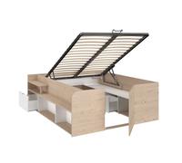 Cama stratos dormitorio estilo nórdico en color roble jackson y blanco con base elevable y espacio de almacenamiento 135/140x190/200 cm